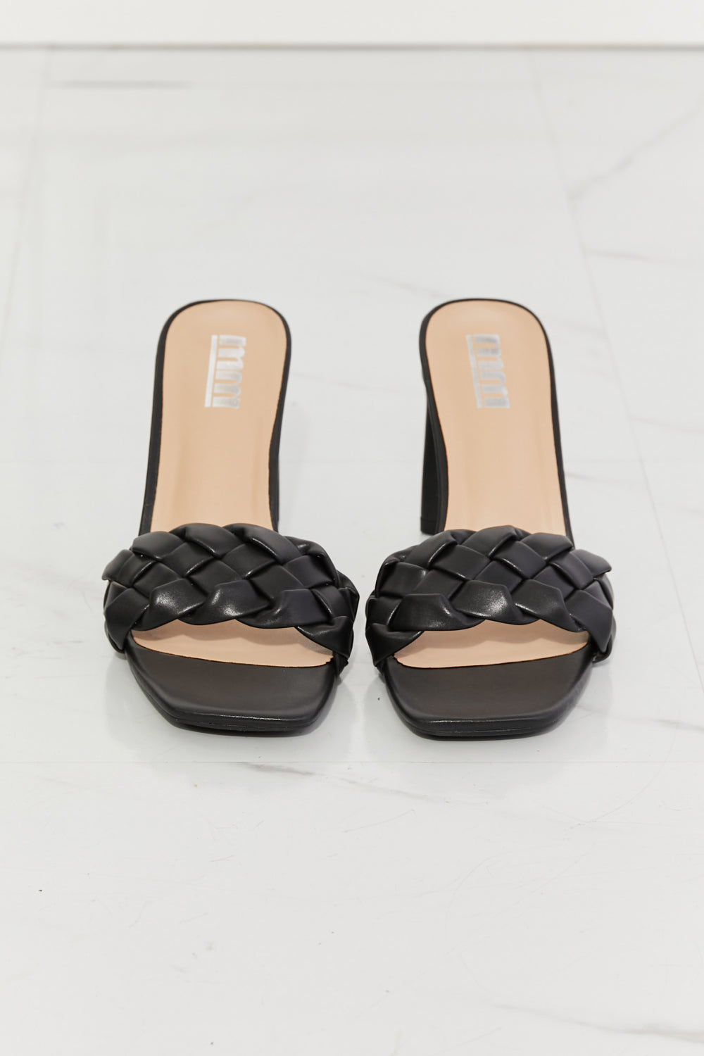 MMShoes Top of the World Braided Block Heel Sandals in Black featuring a stylish braided toe-band and a comfortable block heel.